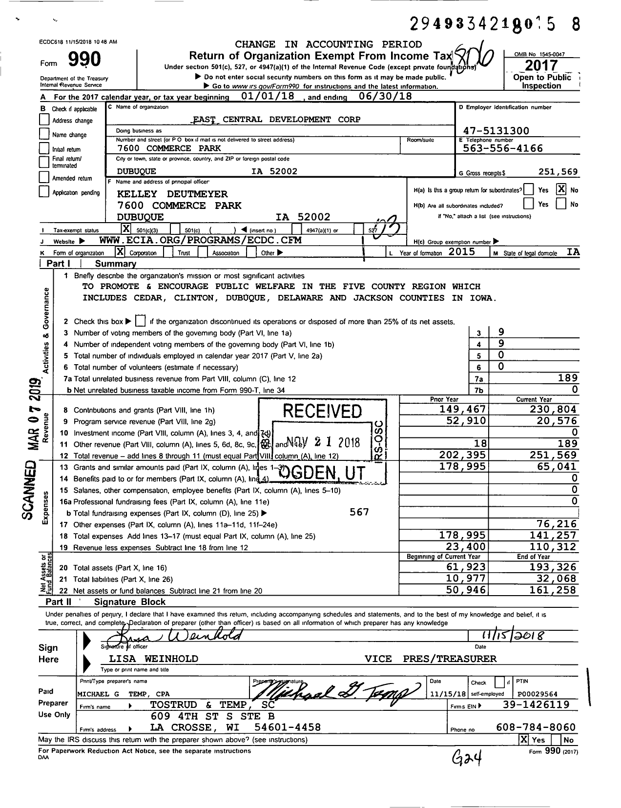 Image of first page of 2017 Form 990 for East Central Development Corporation