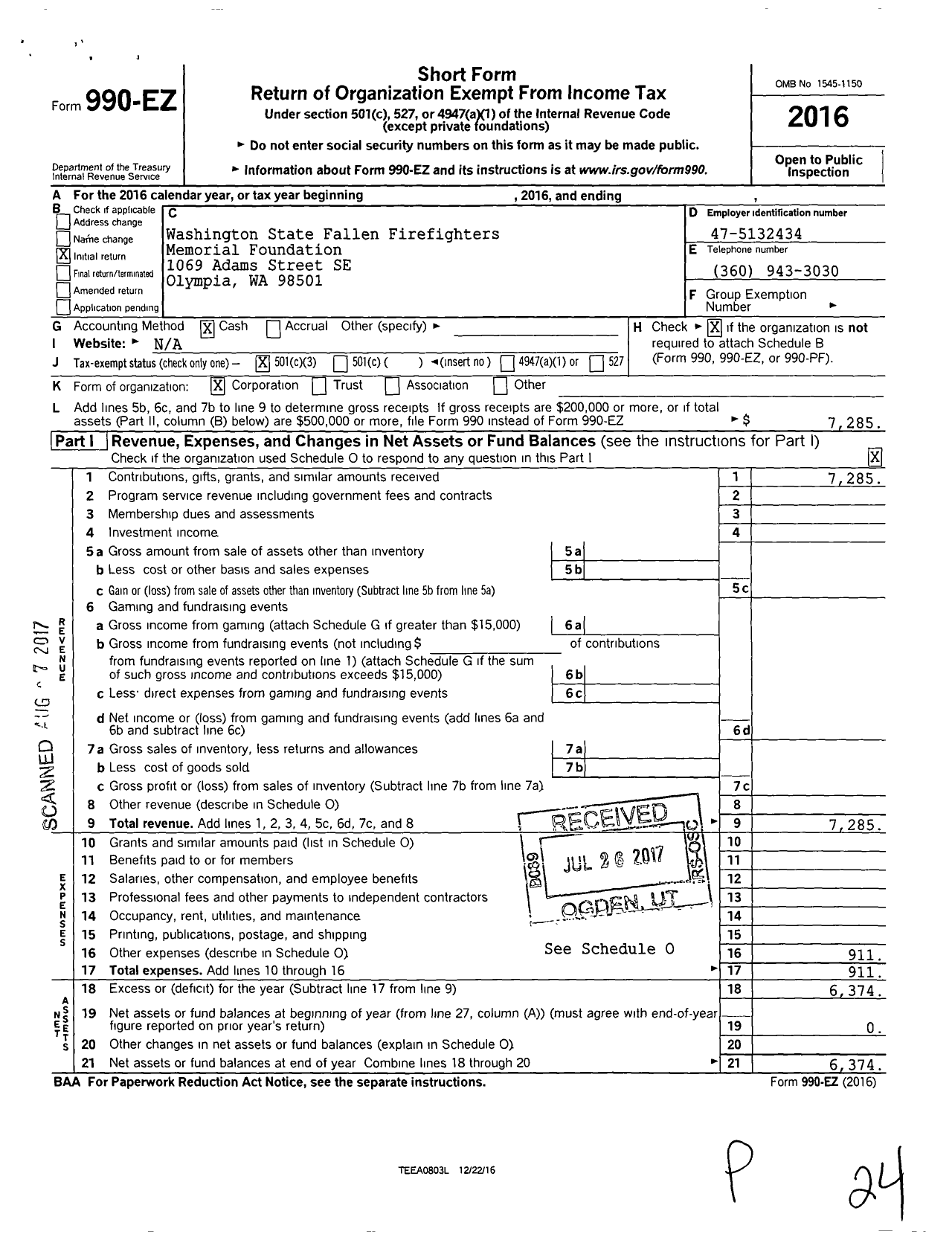 Image of first page of 2016 Form 990EZ for Washington State Fallen Firefighters Memorial Foundation