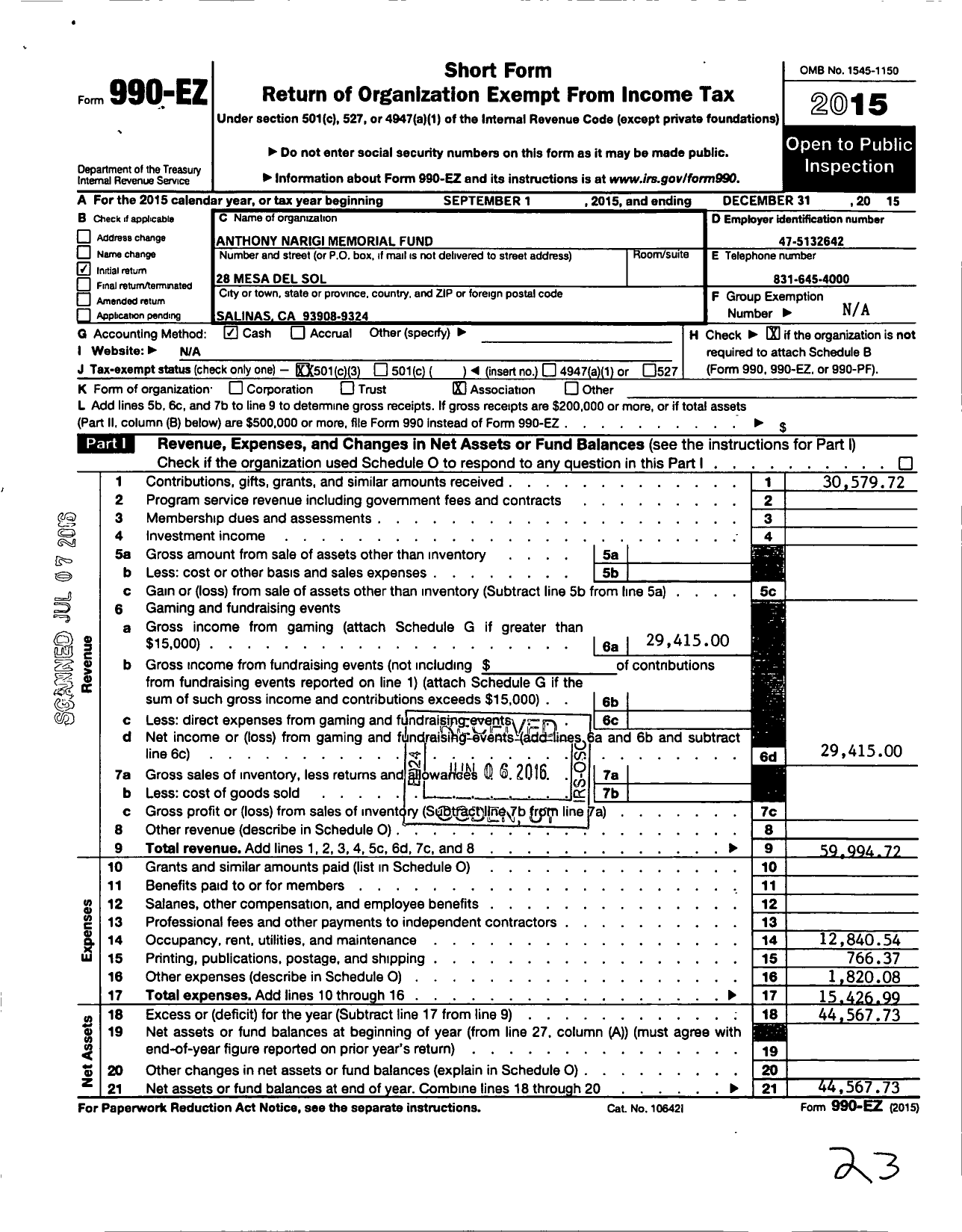 Image of first page of 2015 Form 990 for Anthony Narigi Memorial Fund