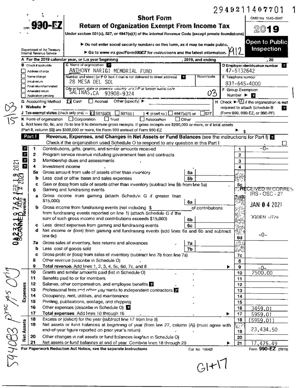 Image of first page of 2019 Form 990EZ for Anthony Narigi Memorial Fund