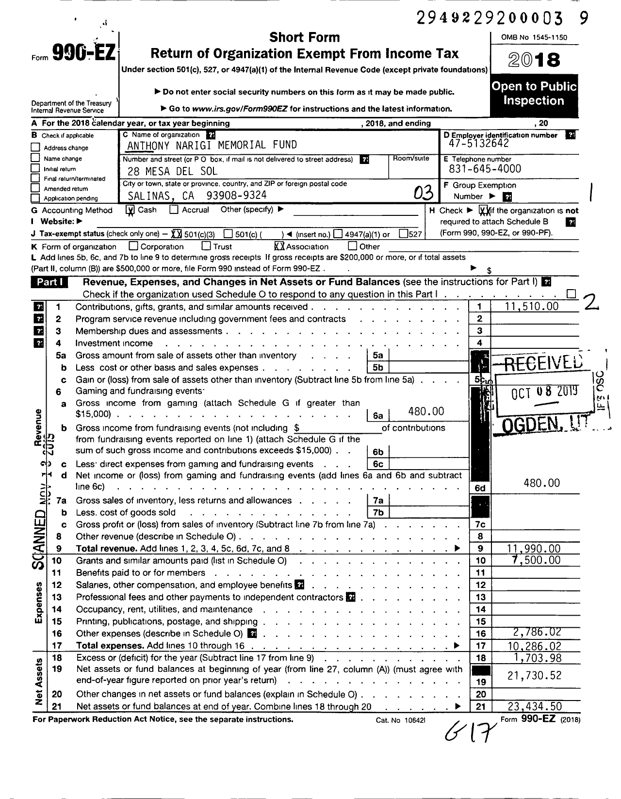 Image of first page of 2018 Form 990EZ for Anthony Narigi Memorial Fund