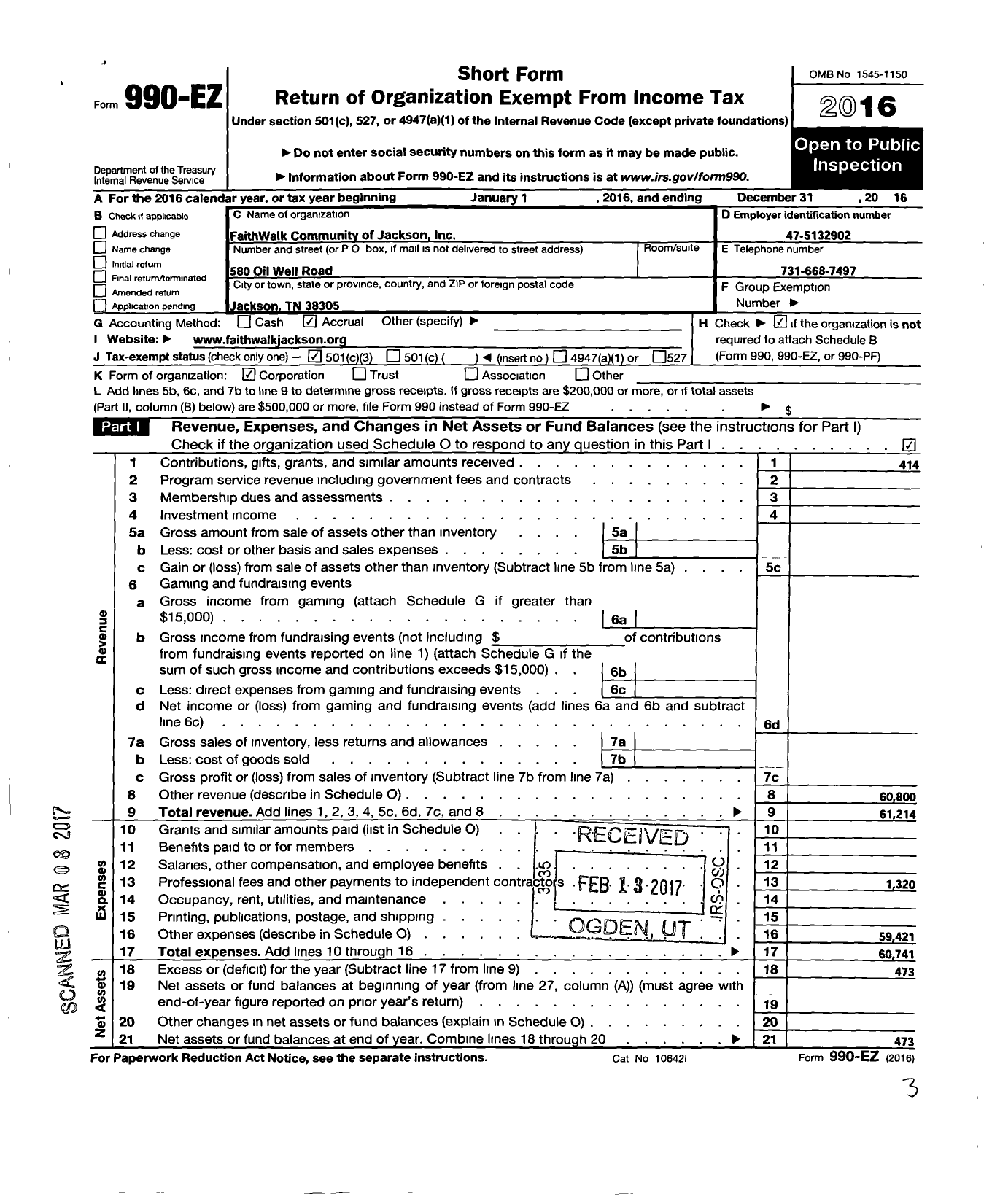 Image of first page of 2016 Form 990EZ for Faithwalk Community of Jackson