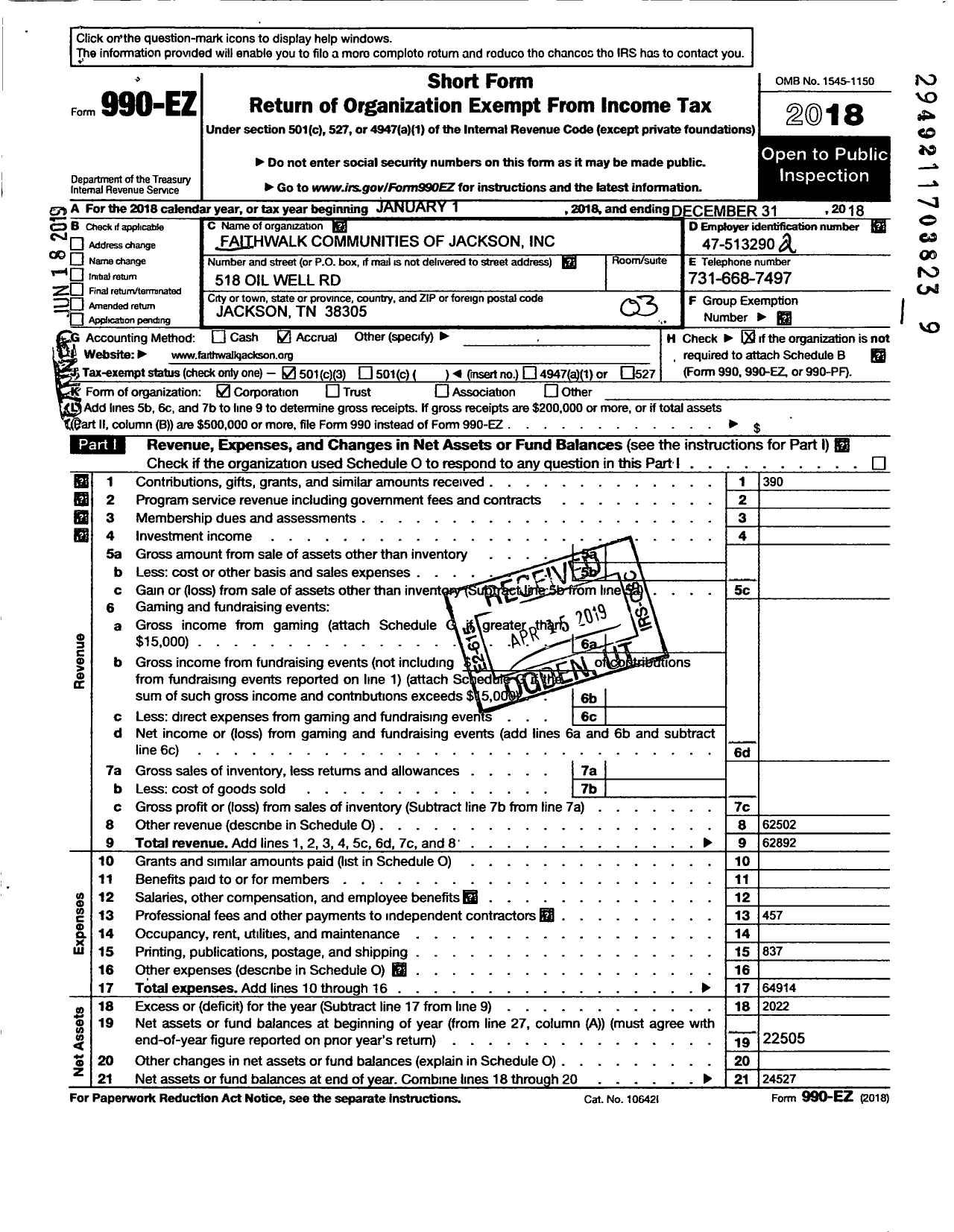 Image of first page of 2018 Form 990EZ for Faithwalk Community of Jackson