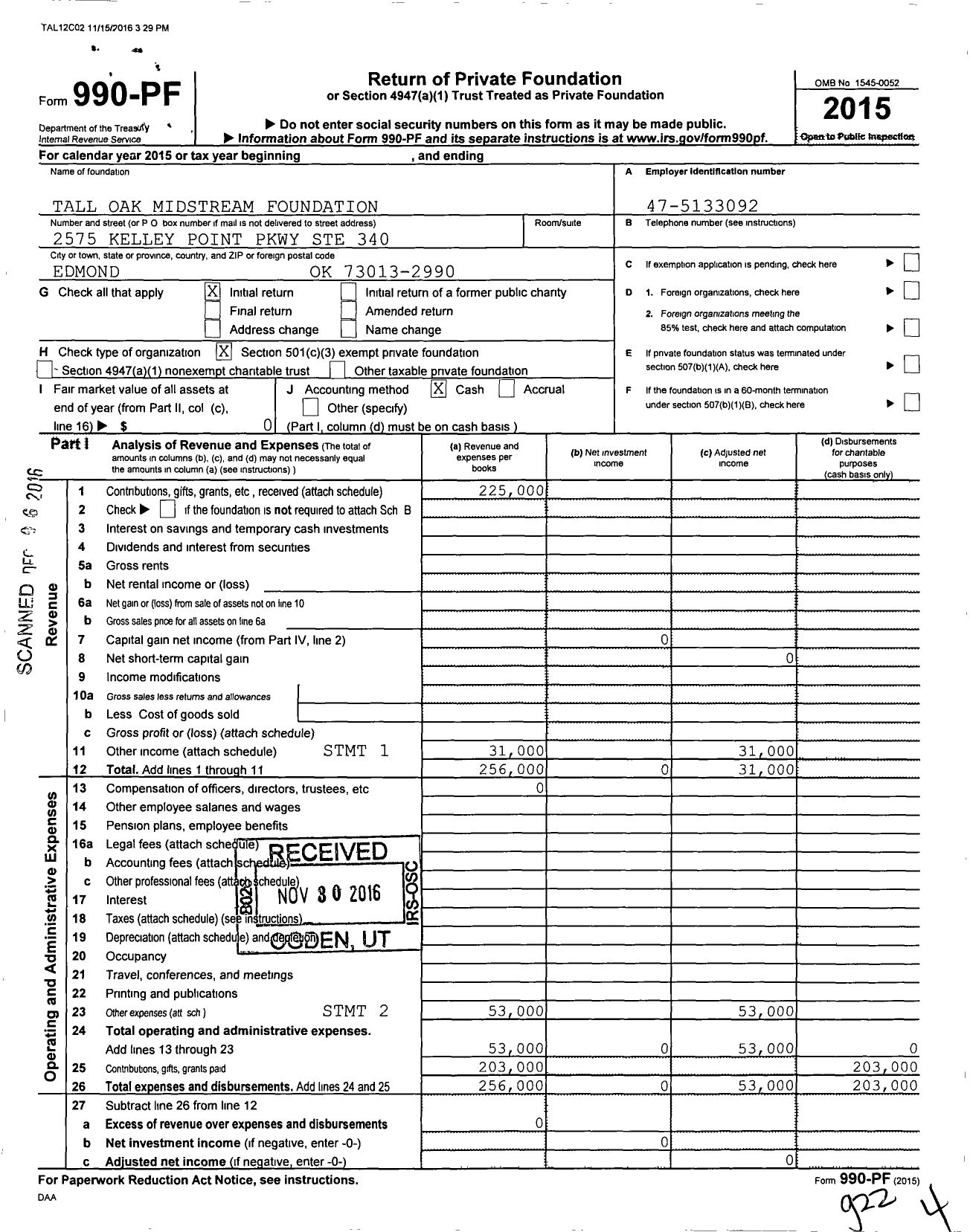 Image of first page of 2015 Form 990PF for Tall Oak Midstream Foundation