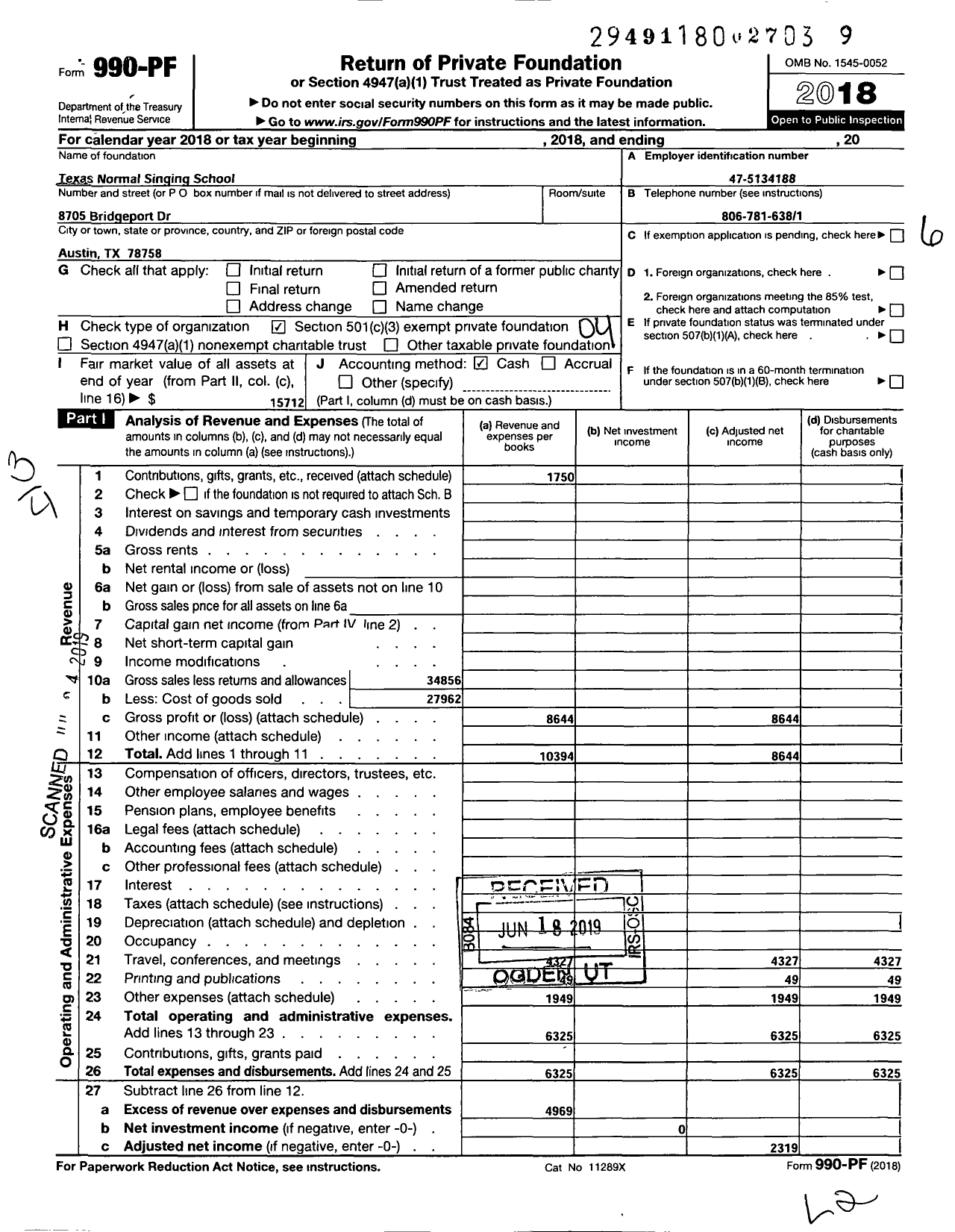 Image of first page of 2018 Form 990PF for Texas Normal Singing School