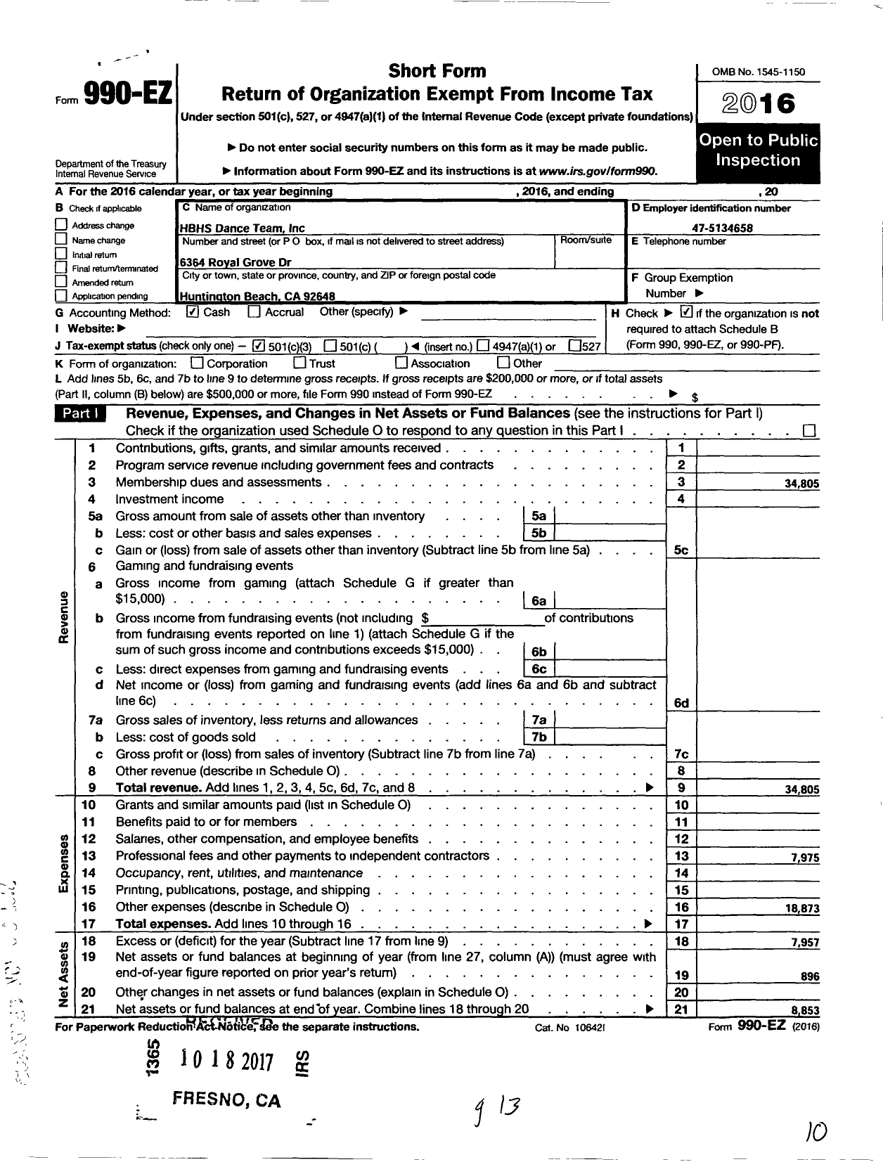 Image of first page of 2016 Form 990EZ for HBHS Dance Team