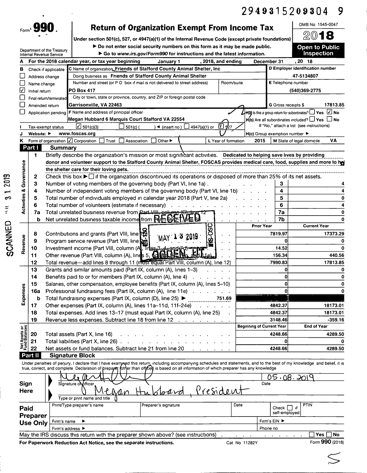 Image of first page of 2018 Form 990 for Friends of Stafford County Animal Shelter