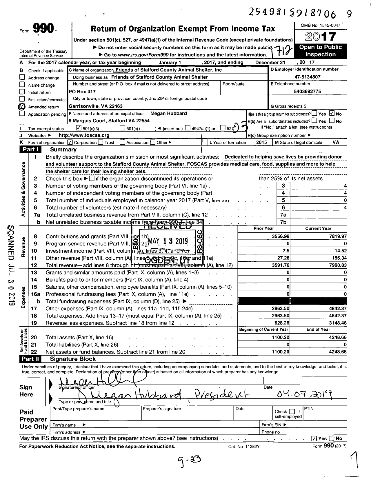 Image of first page of 2017 Form 990 for Friends of Stafford County Animal Shelter