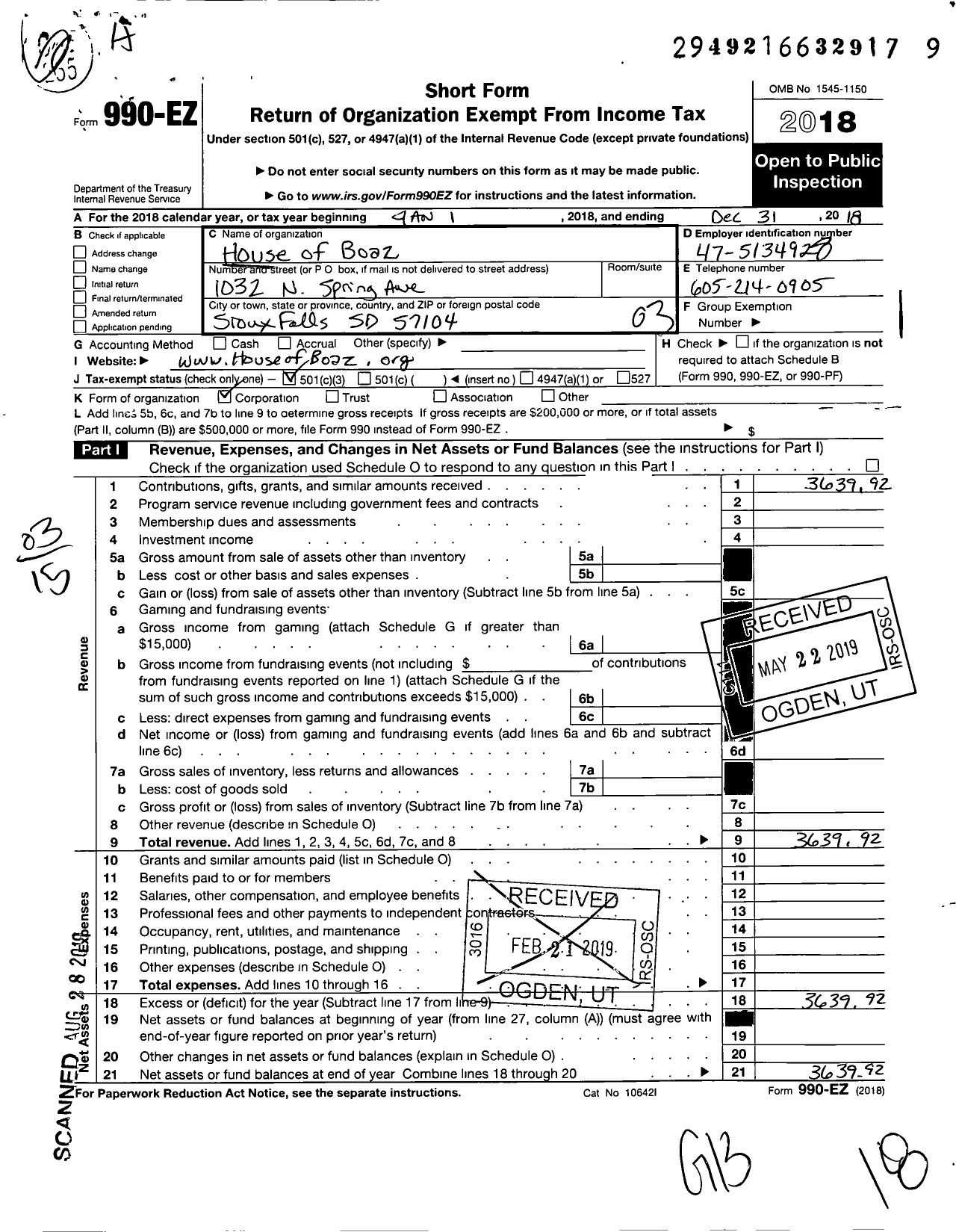 Image of first page of 2018 Form 990EZ for House of Boaz