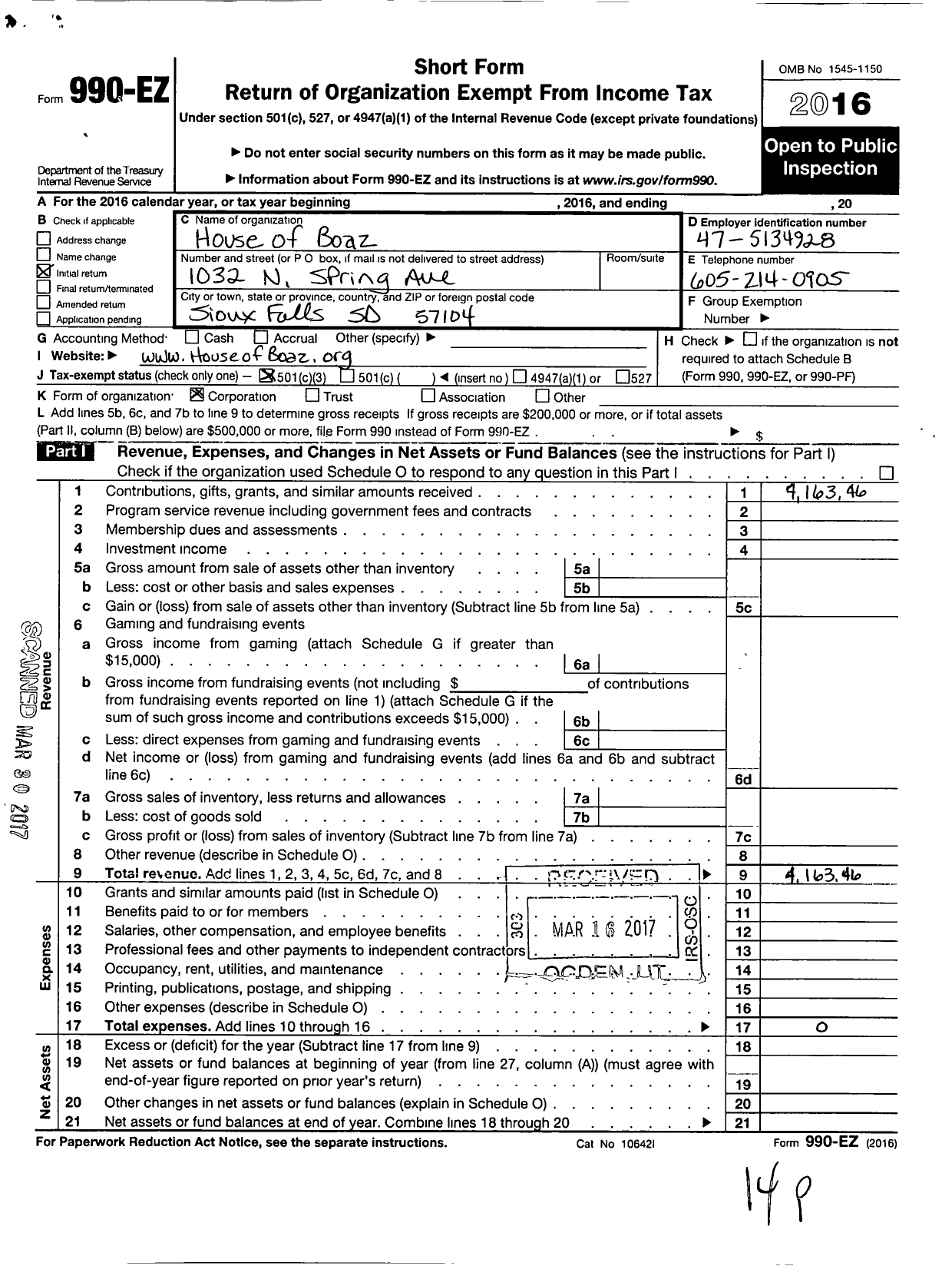 Image of first page of 2016 Form 990EZ for House of Boaz