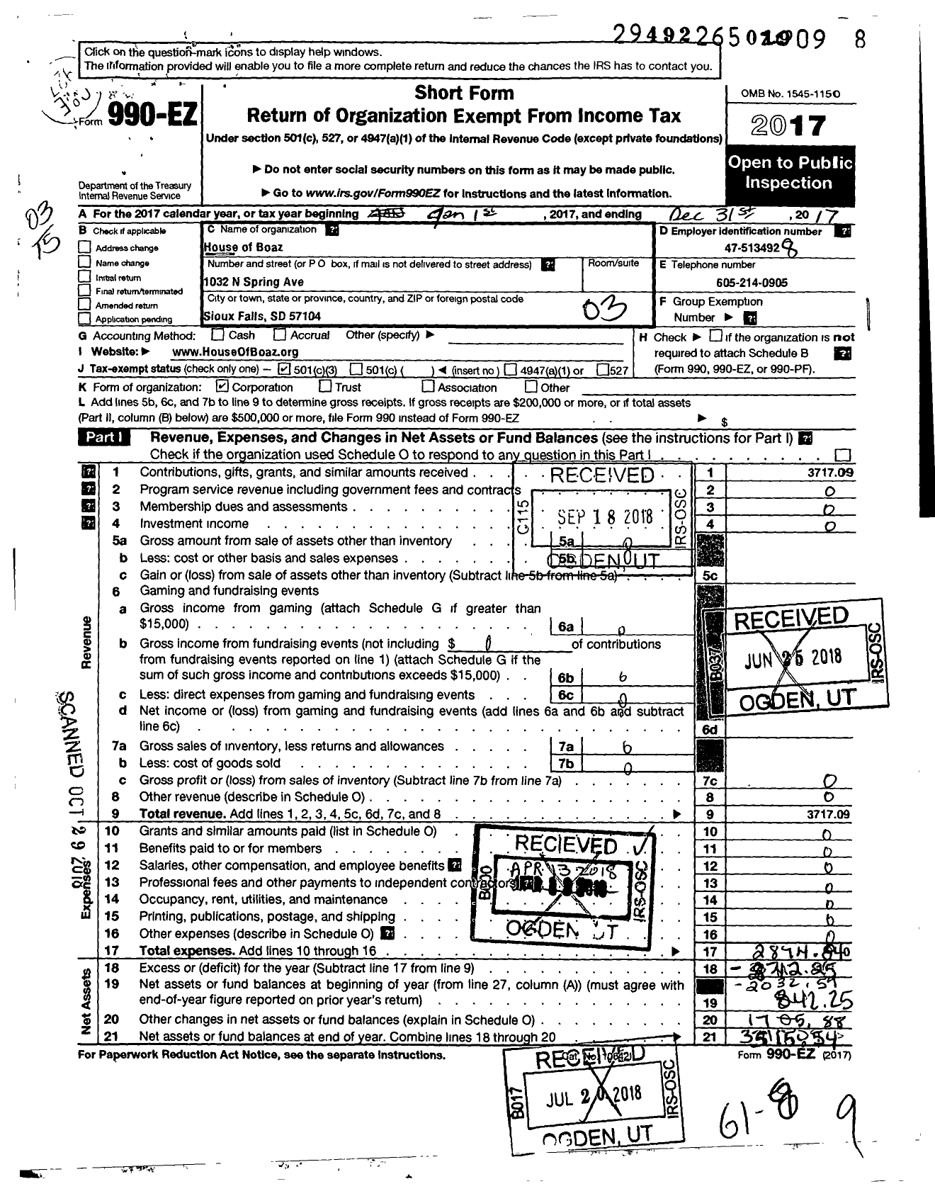 Image of first page of 2017 Form 990EZ for House of Boaz