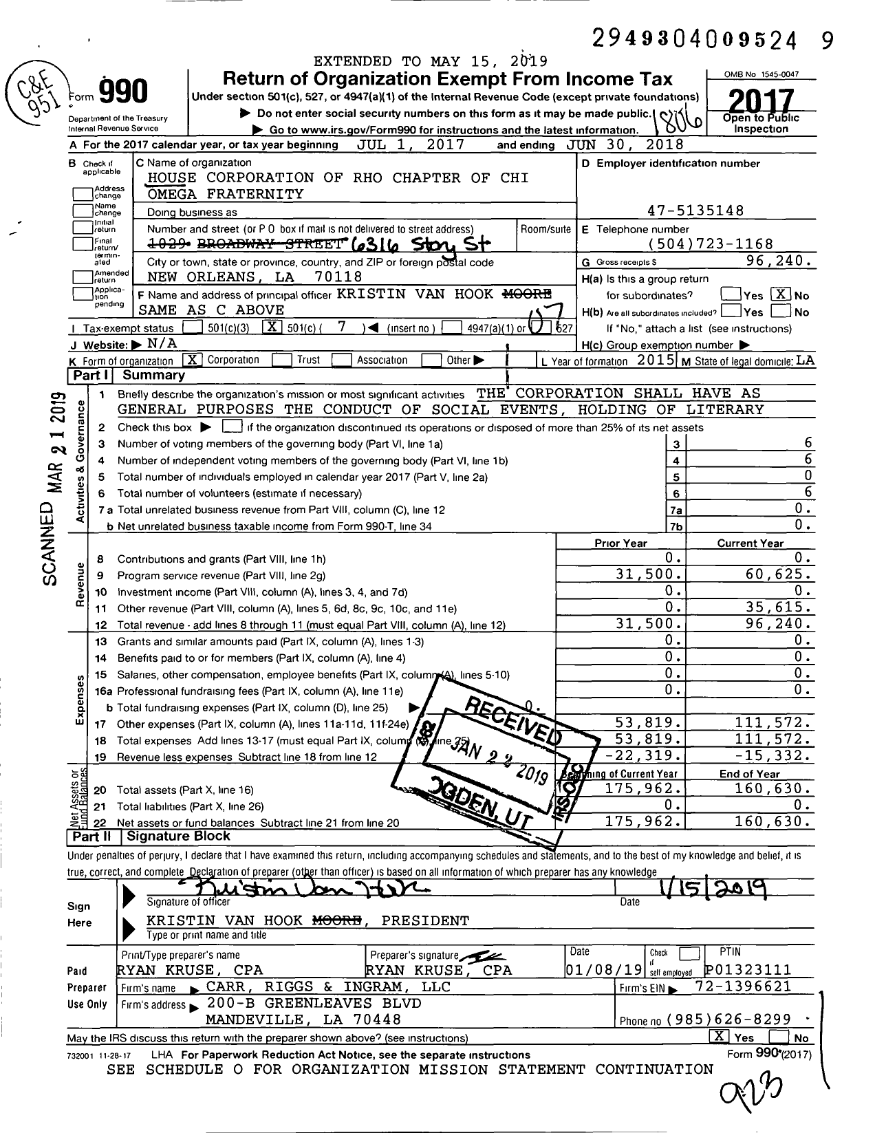 Image of first page of 2017 Form 990O for House Corporation of Rho Chapter of Chi Omega Fraternity