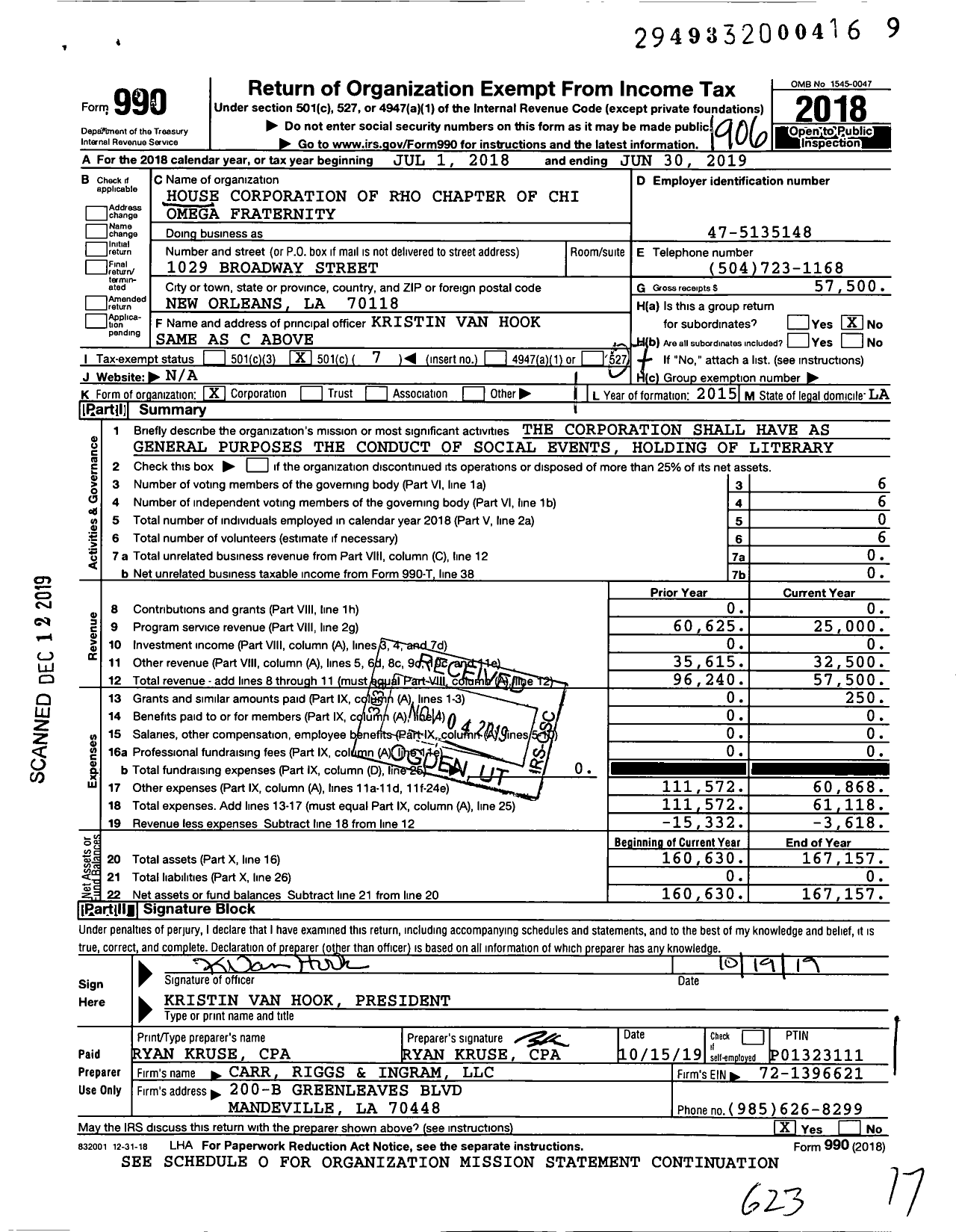 Image of first page of 2018 Form 990O for House Corporation of Rho Chapter of Chi Omega Fraternity