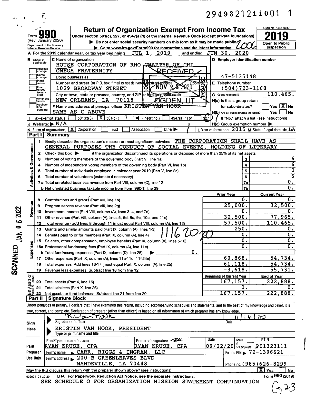 Image of first page of 2019 Form 990O for House Corporation of Rho Chapter of Chi Omega Fraternity