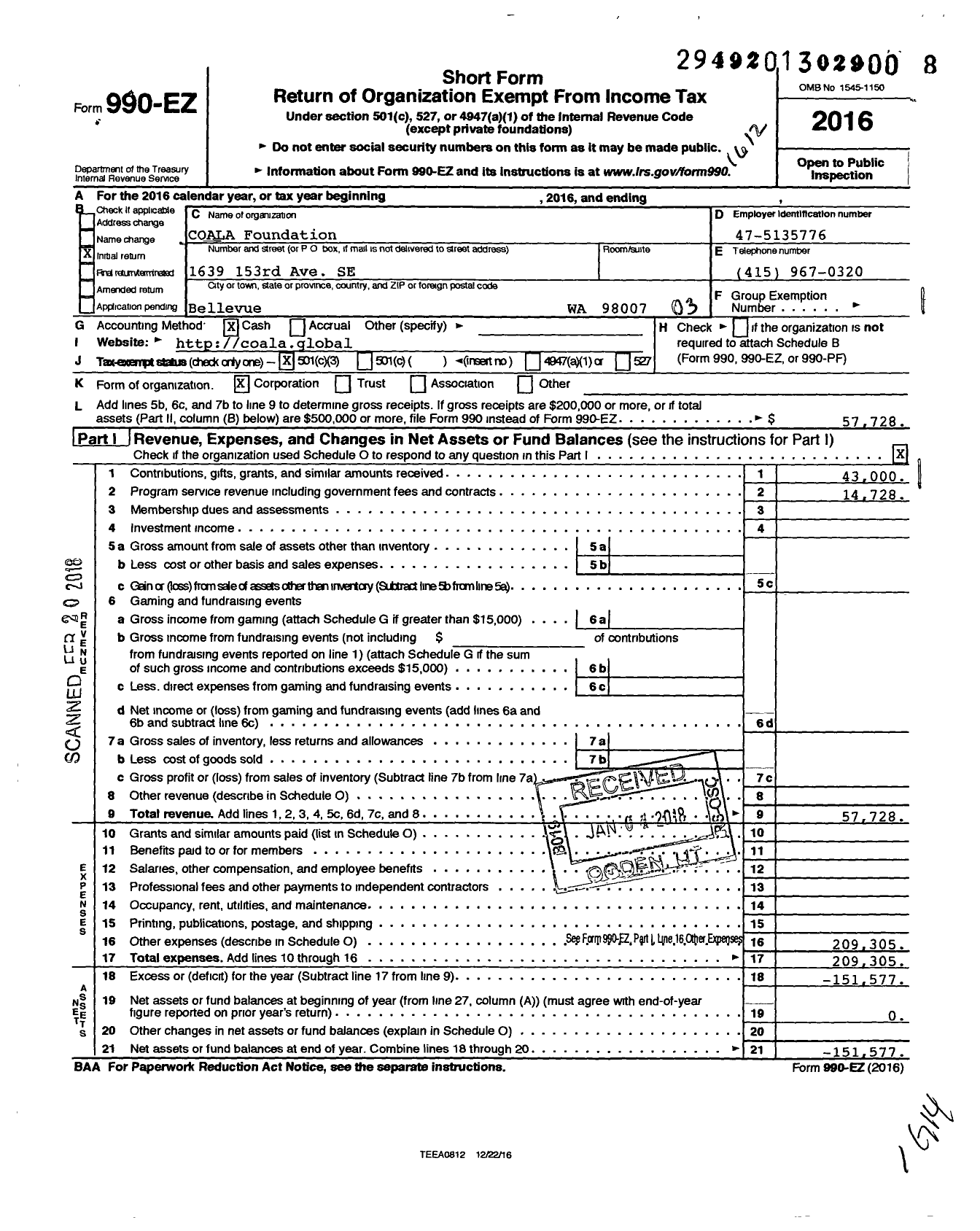 Image of first page of 2016 Form 990EZ for COALA Foundation