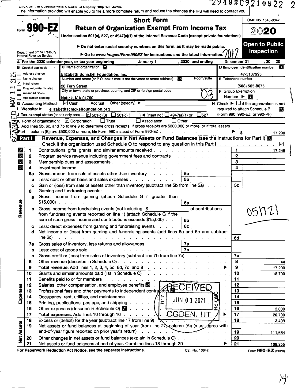 Image of first page of 2020 Form 990EZ for Elizabeth Schickel Foundation