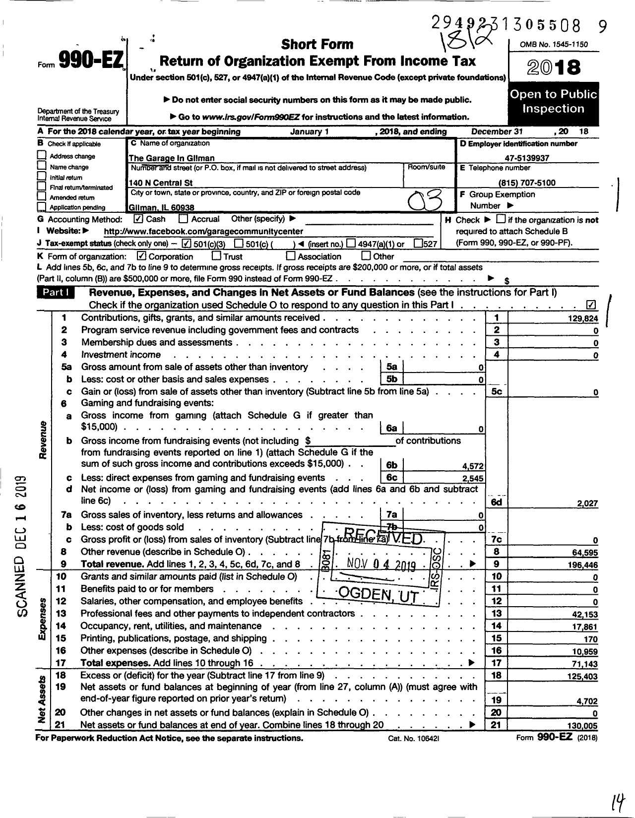 Image of first page of 2018 Form 990EZ for Garage in Gilman