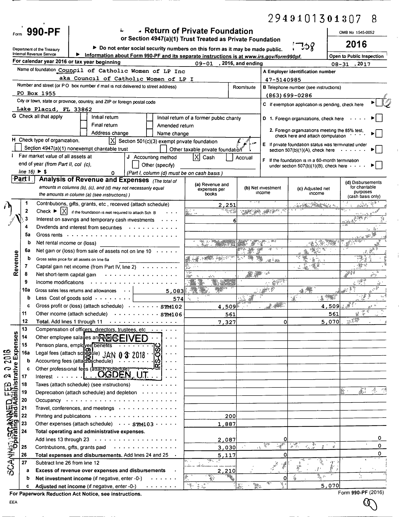 Image of first page of 2016 Form 990PF for Council of Catholic Women of Lake Placid