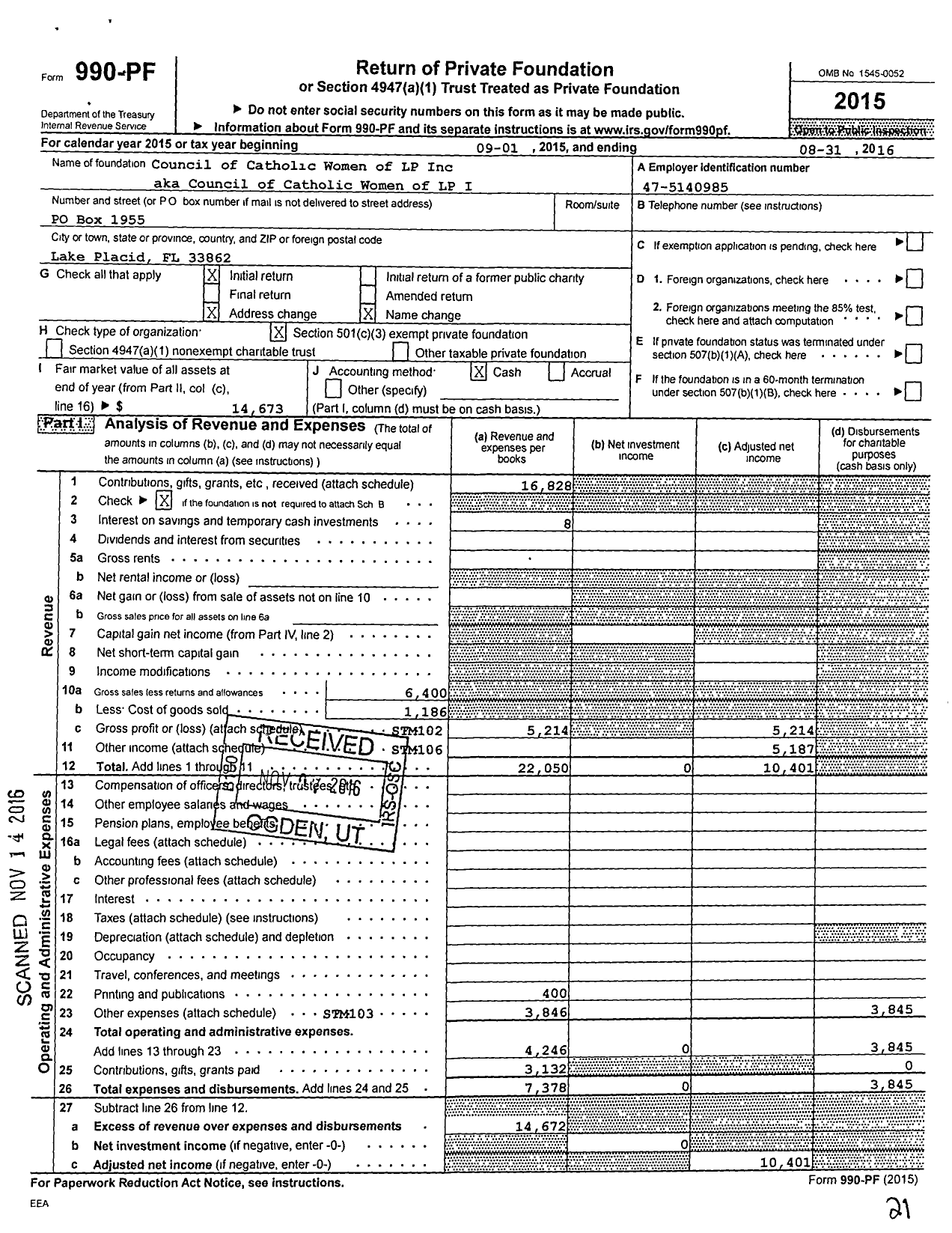 Image of first page of 2015 Form 990PF for Council of Catholic Women of Lake Placid