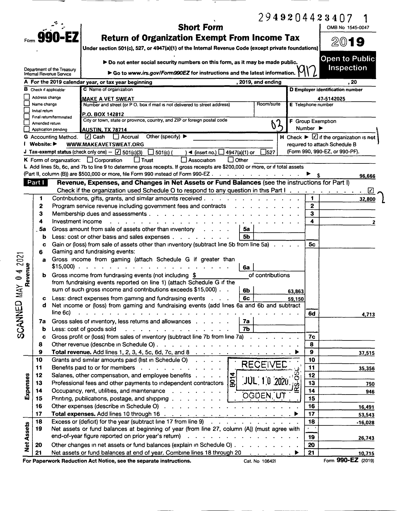 Image of first page of 2019 Form 990EZ for Make A Vet Sweat