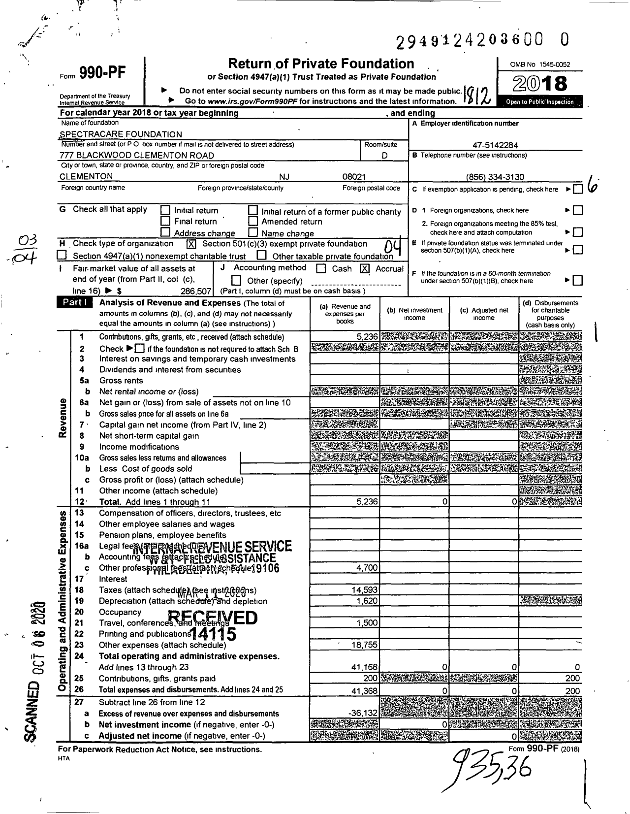 Image of first page of 2018 Form 990PR for Spectracare Foundation