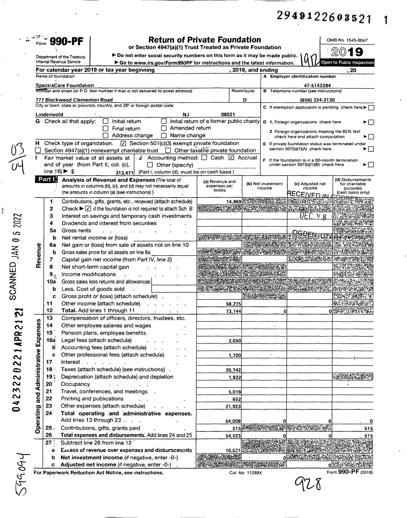 Image of first page of 2019 Form 990PF for Spectracare Foundation