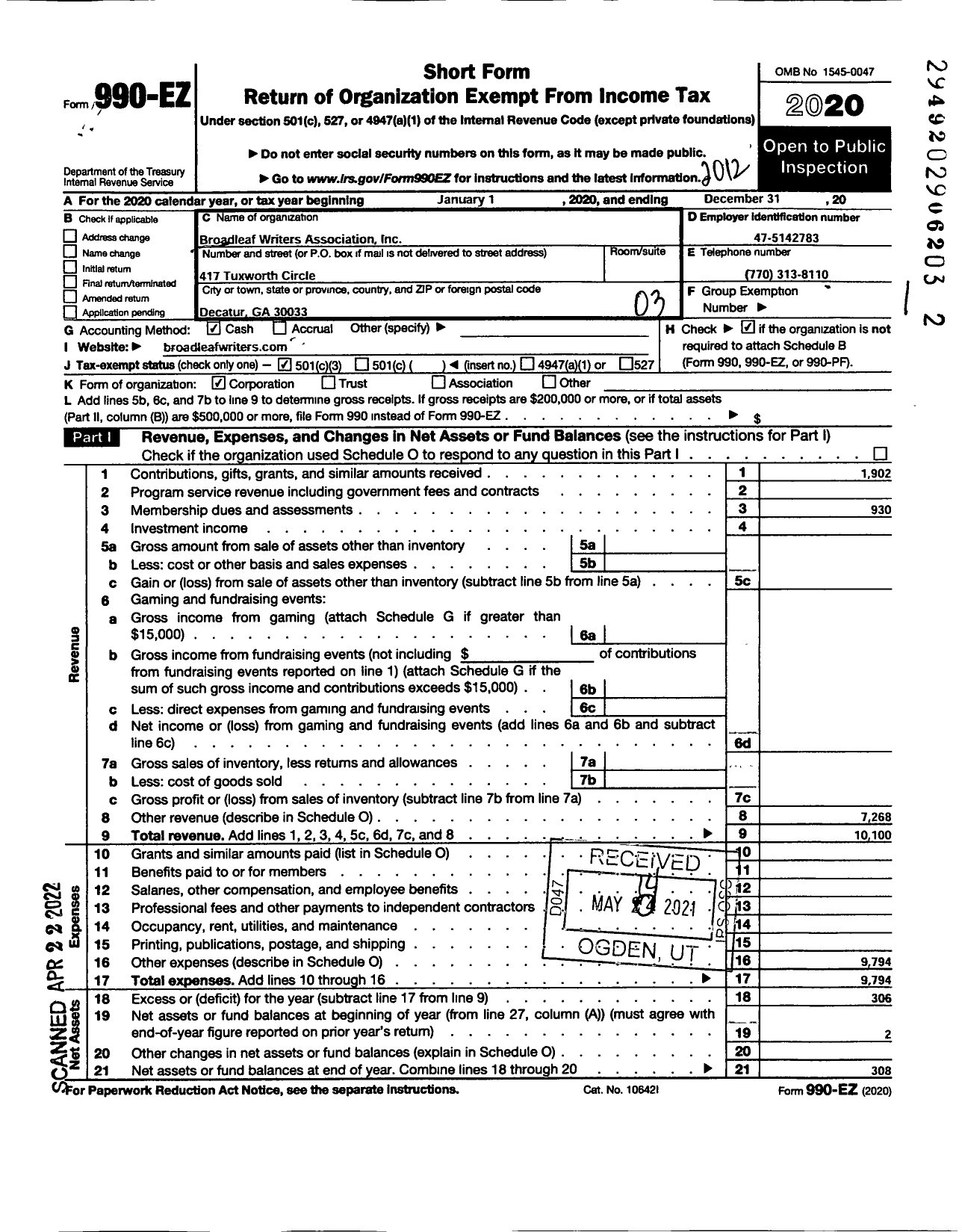 Image of first page of 2020 Form 990EZ for Broadleaf Writers Association