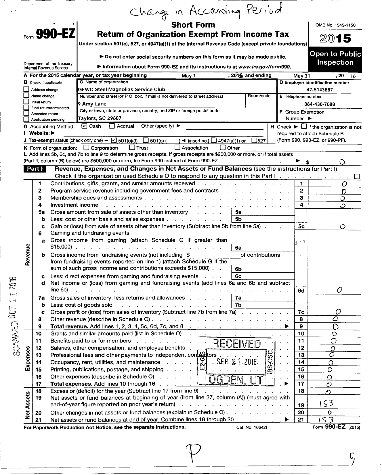 Image of first page of 2015 Form 990EZ for General Federation of Womens Clubs of South Carolina / Steel Magnolias Service Club