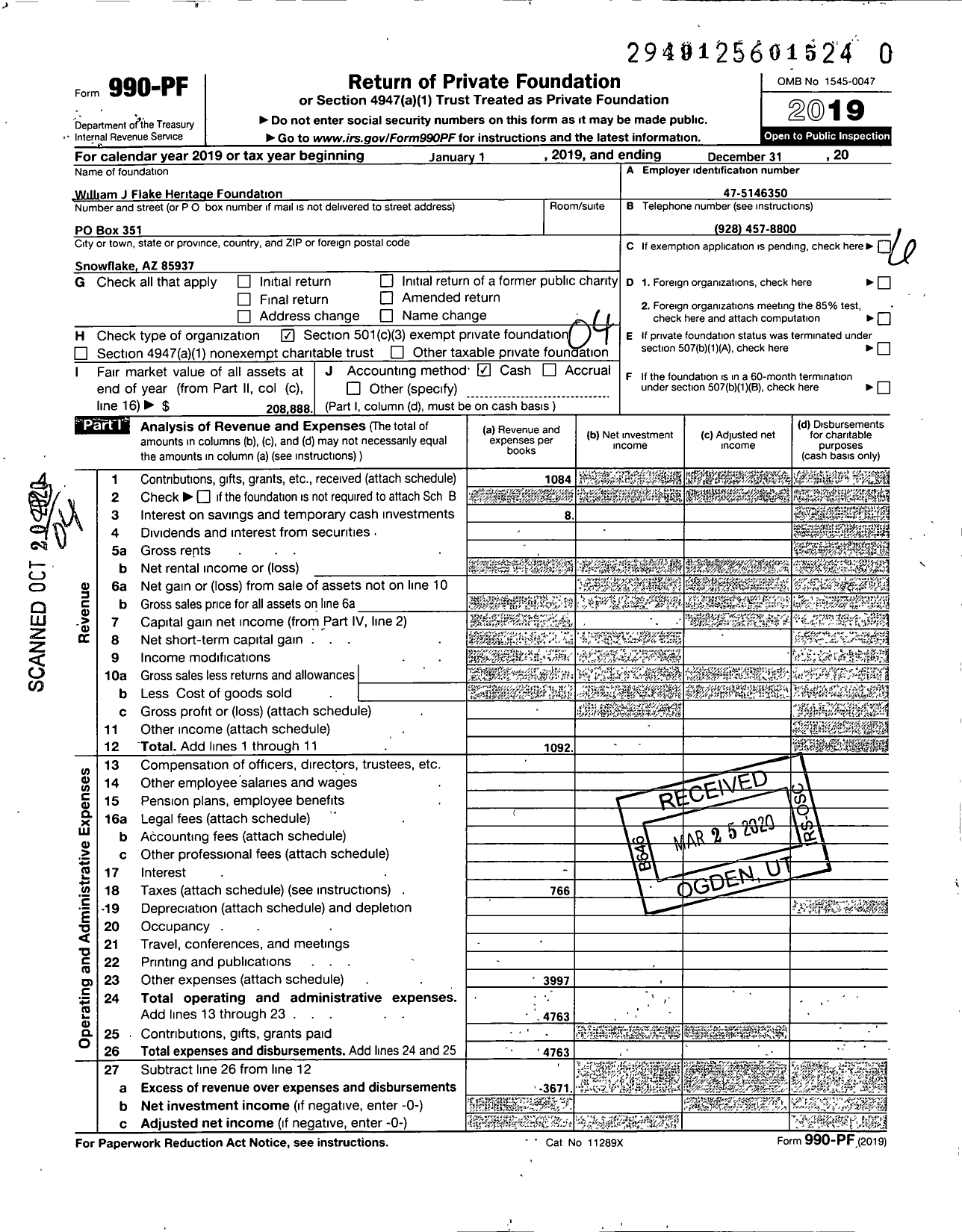 Image of first page of 2019 Form 990PR for William J Flake Heritage Foundation