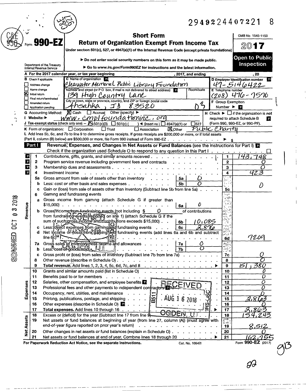 Image of first page of 2017 Form 990EZ for Clearwater Memorial Public Library Foundation