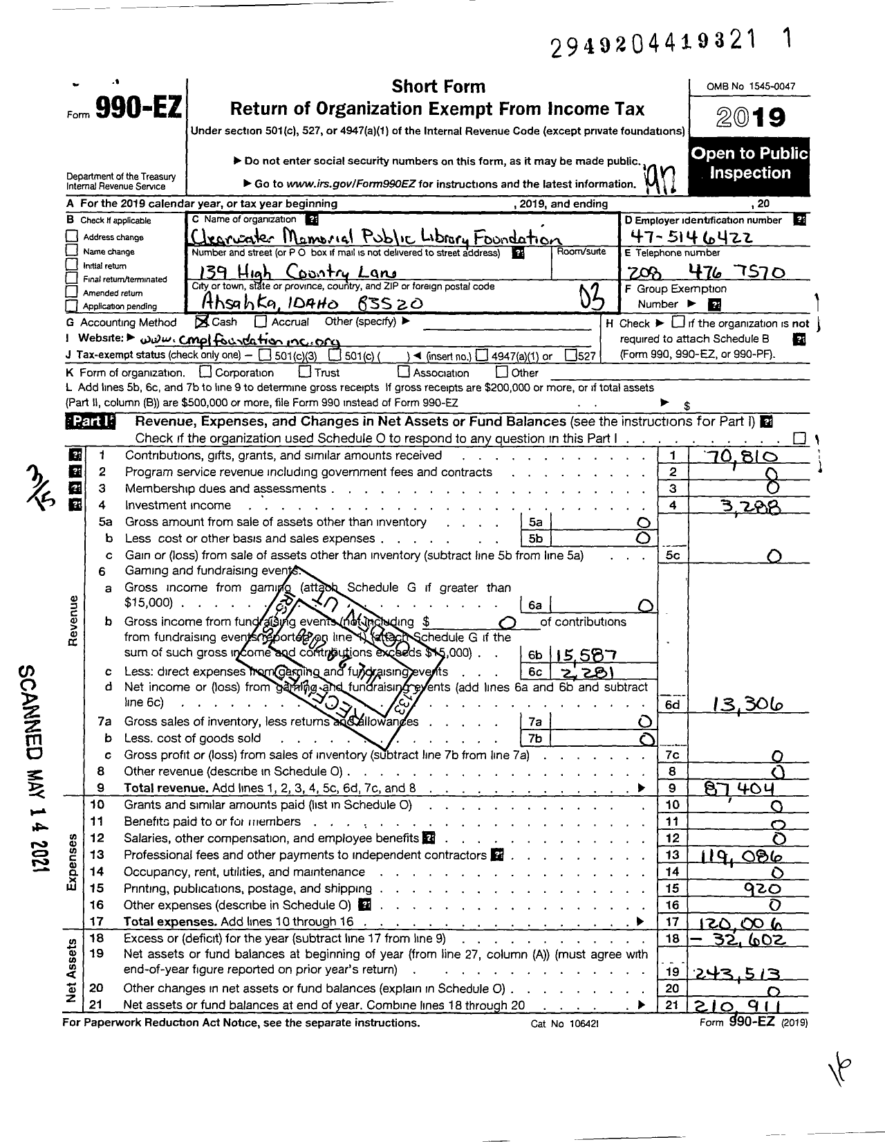 Image of first page of 2019 Form 990EZ for Clearwater Memorial Public Library Foundation