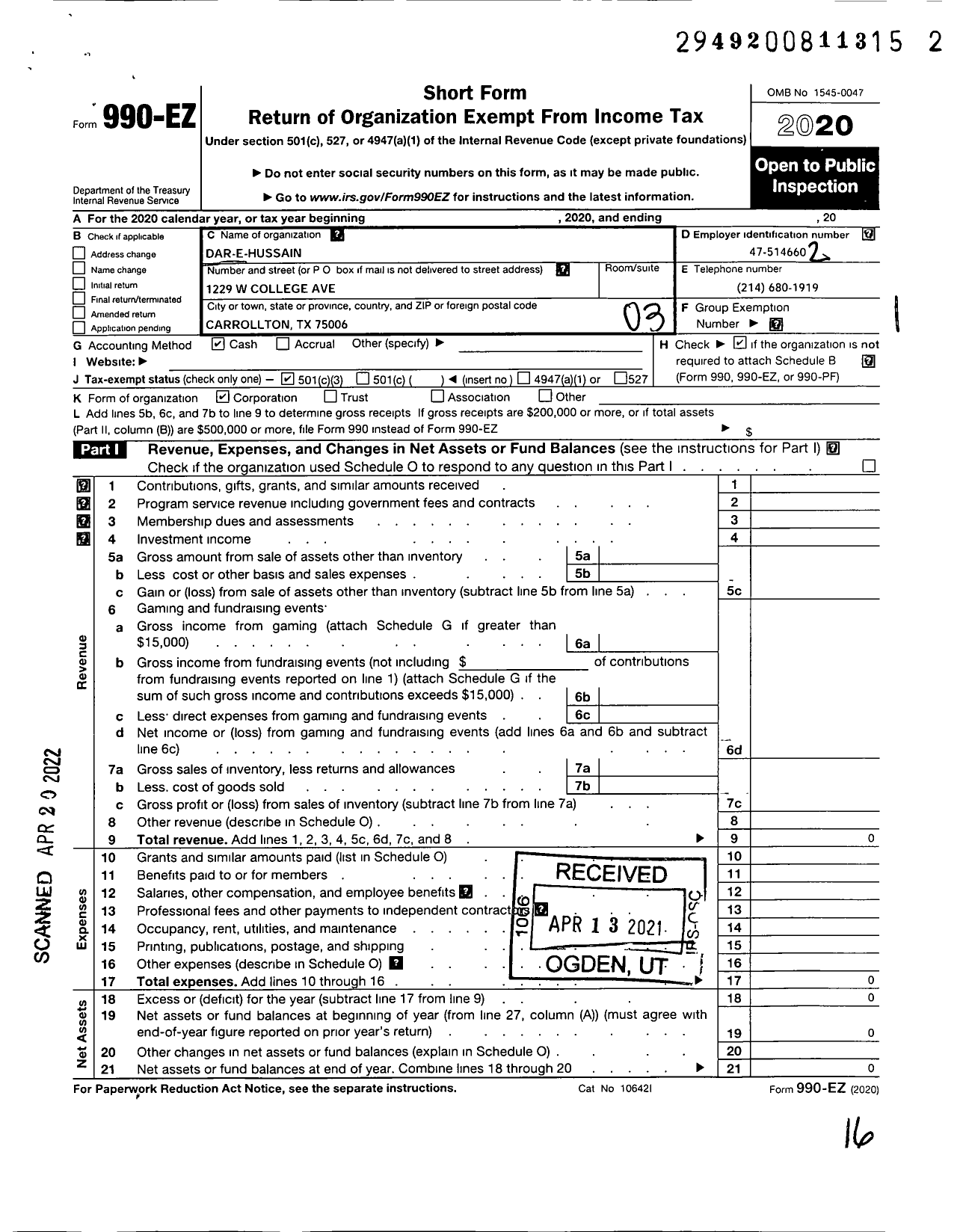 Image of first page of 2020 Form 990EZ for Dar-E-Hussain