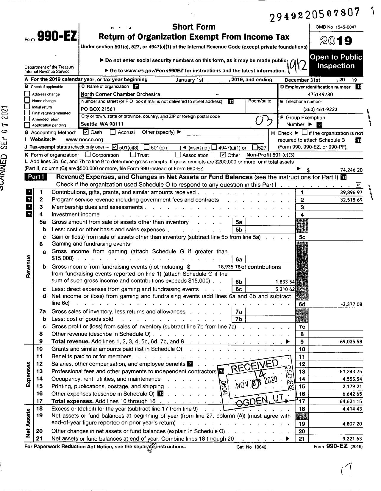 Image of first page of 2019 Form 990EZ for North Corner Chamber Orchestra