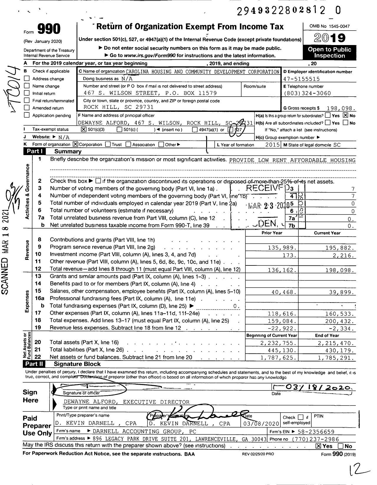 Image of first page of 2019 Form 990 for Carolina Housing and Community Development Corporation