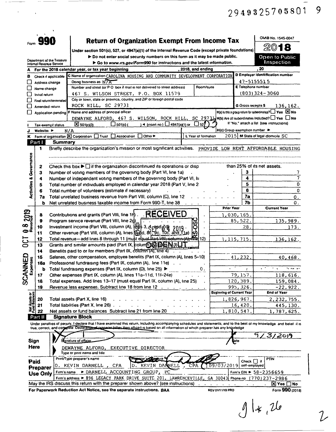 Image of first page of 2018 Form 990 for Carolina Housing and Community Development Corporation