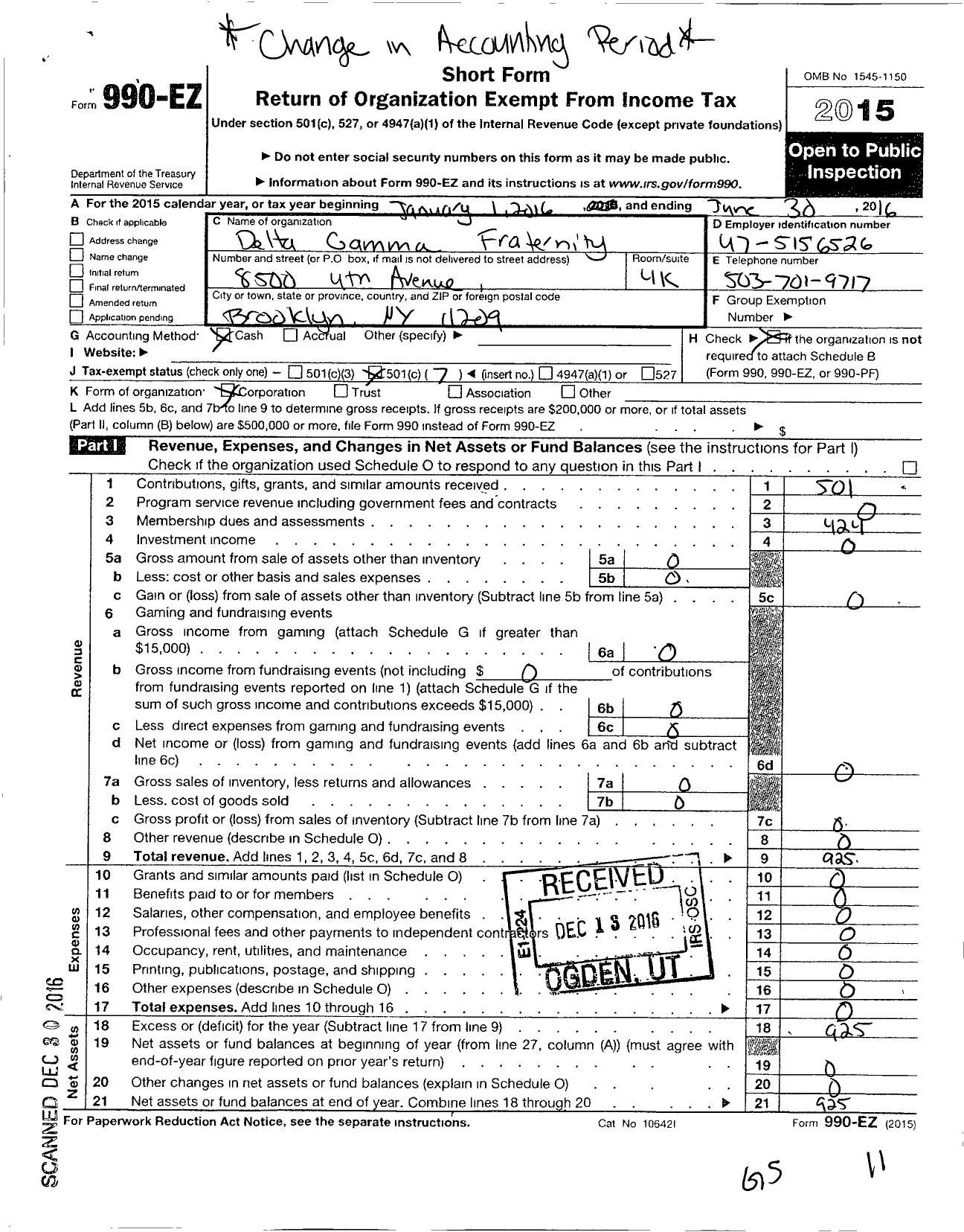 Image of first page of 2015 Form 990EO for Brooklyn Alumnae Association