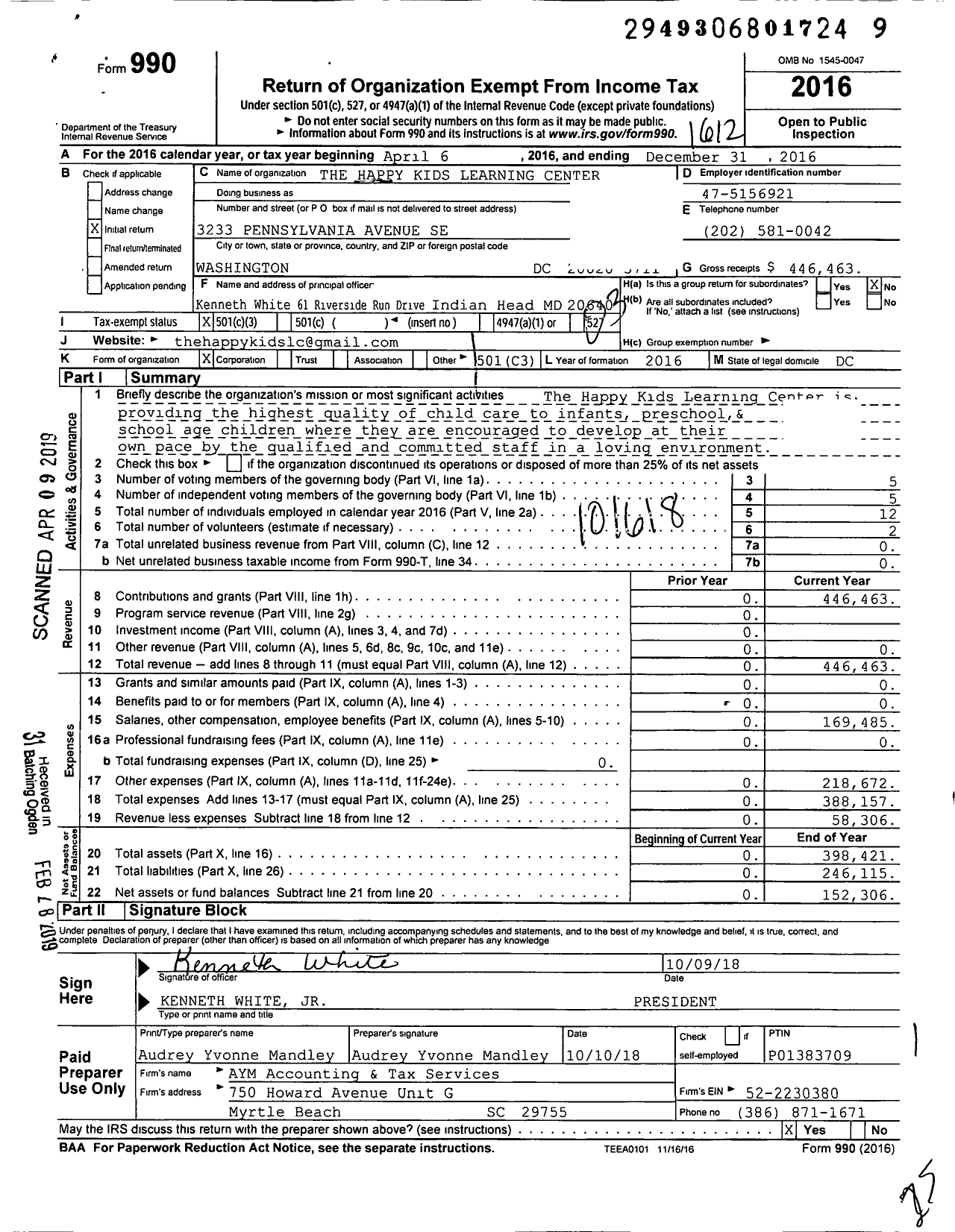 Image of first page of 2016 Form 990 for Happy Kids Learning Center