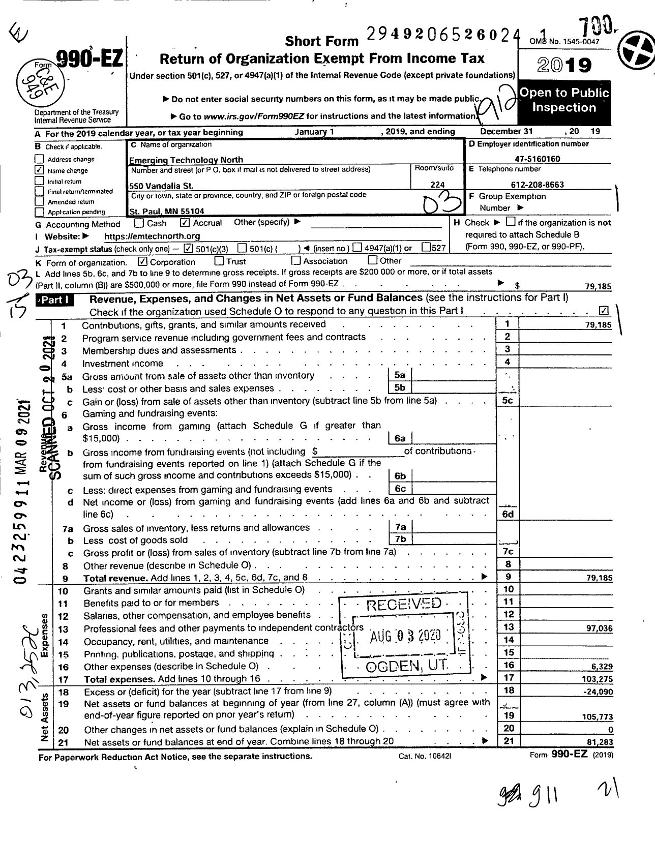 Image of first page of 2019 Form 990EZ for Emerging Technology North