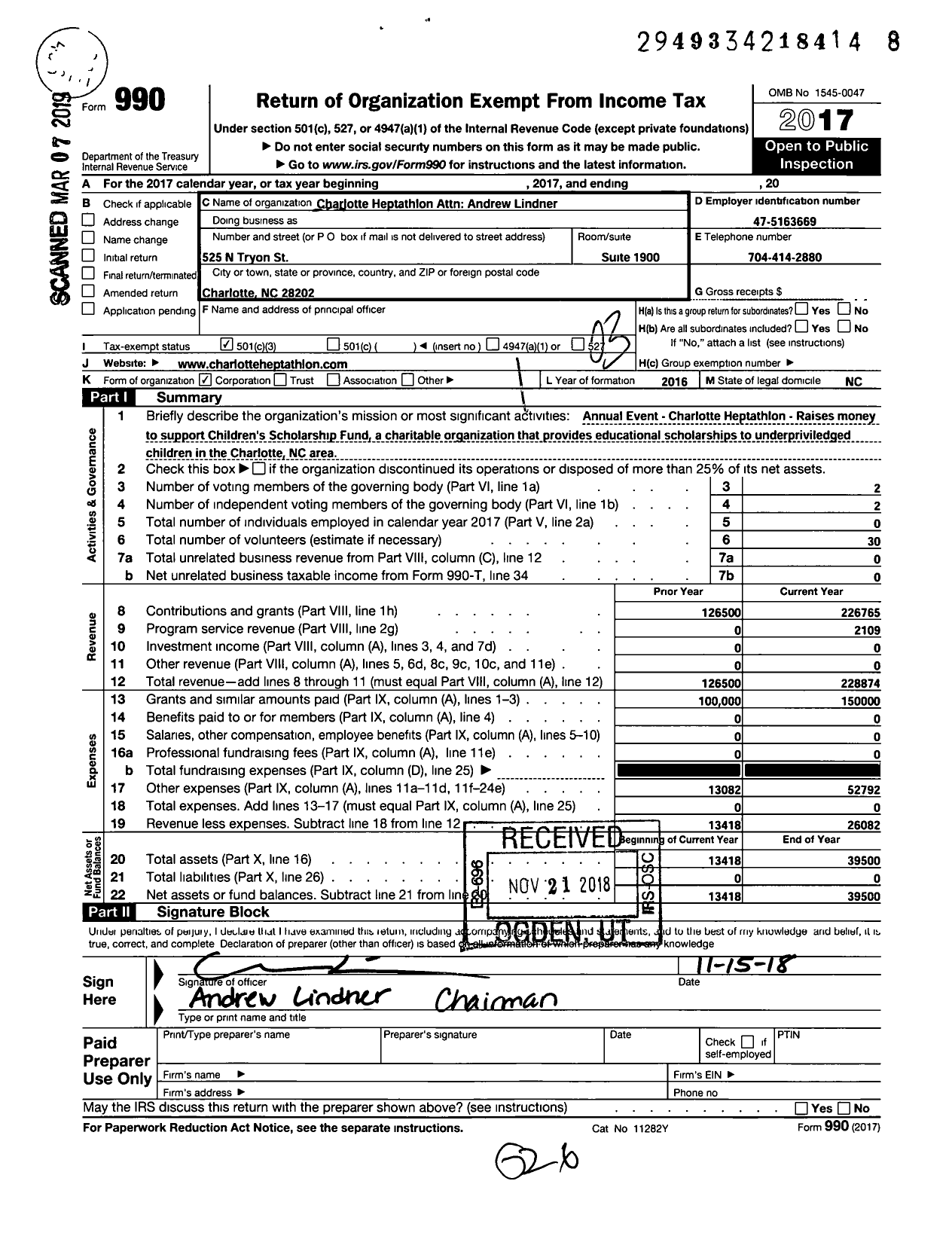 Image of first page of 2017 Form 990 for Charlotte Heptathlon