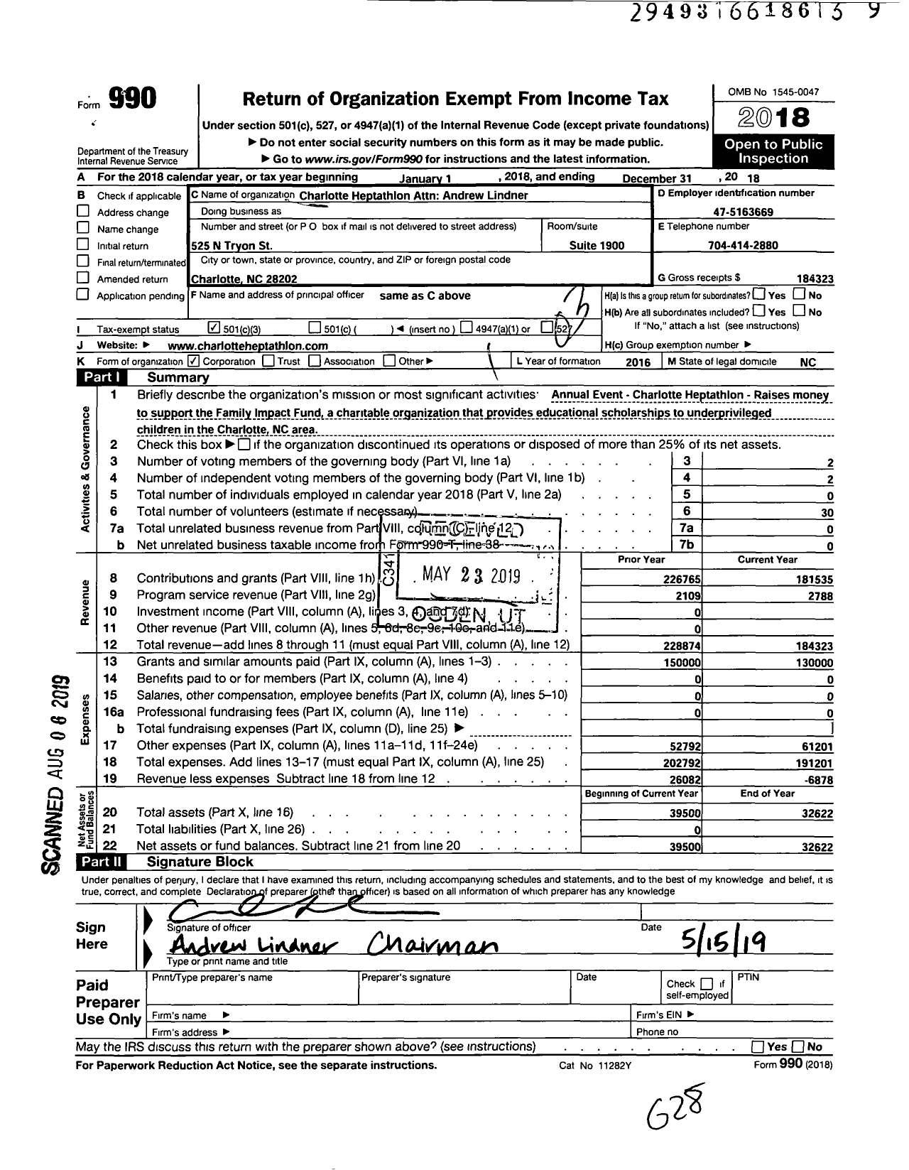 Image of first page of 2018 Form 990 for Charlotte Heptathlon