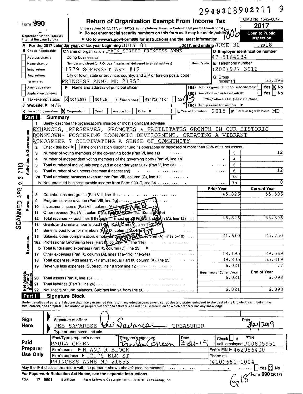 Image of first page of 2017 Form 990 for Main Street Princess Anne