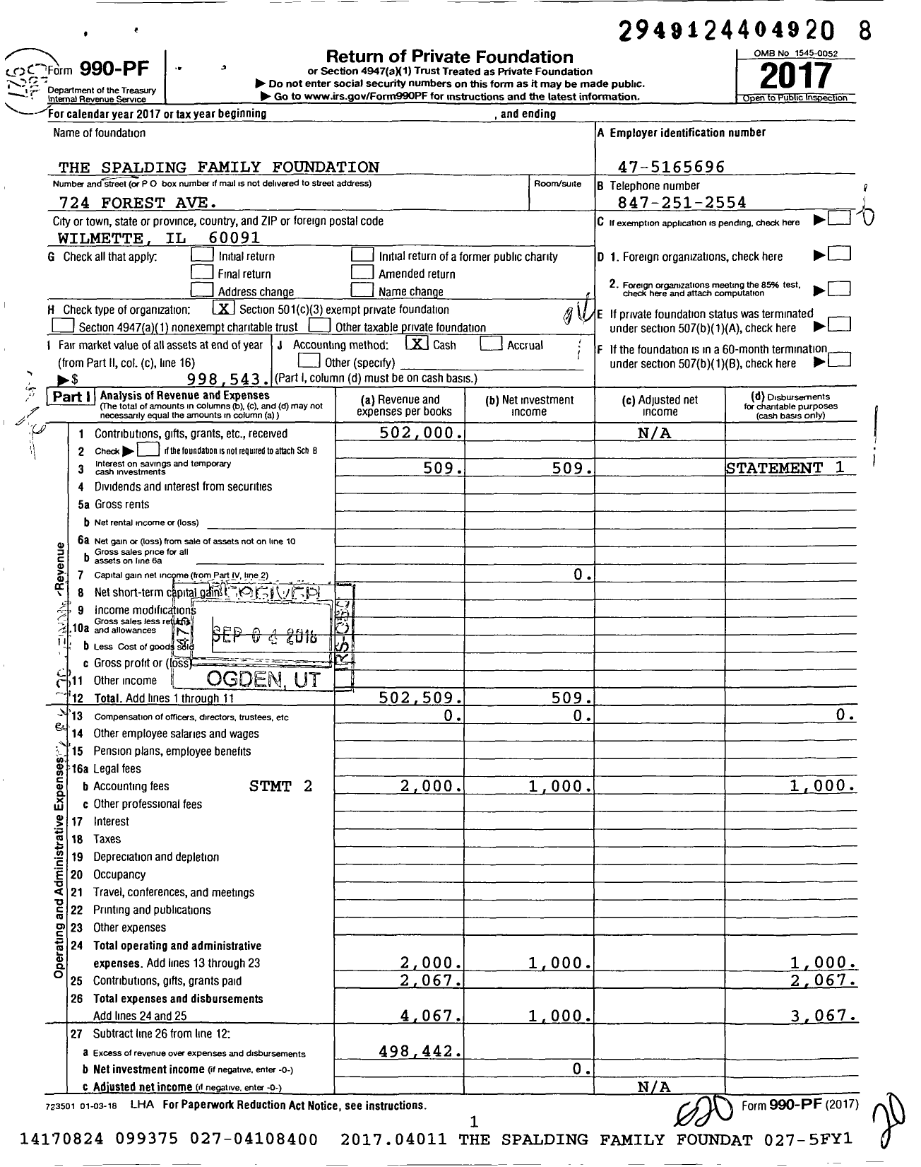 Image of first page of 2017 Form 990PF for The Spalding Family Foundation