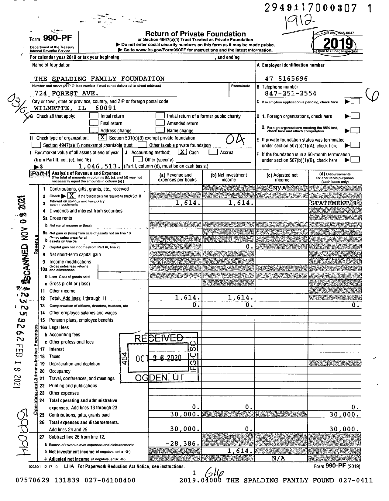 Image of first page of 2019 Form 990PF for The Spalding Family Foundation