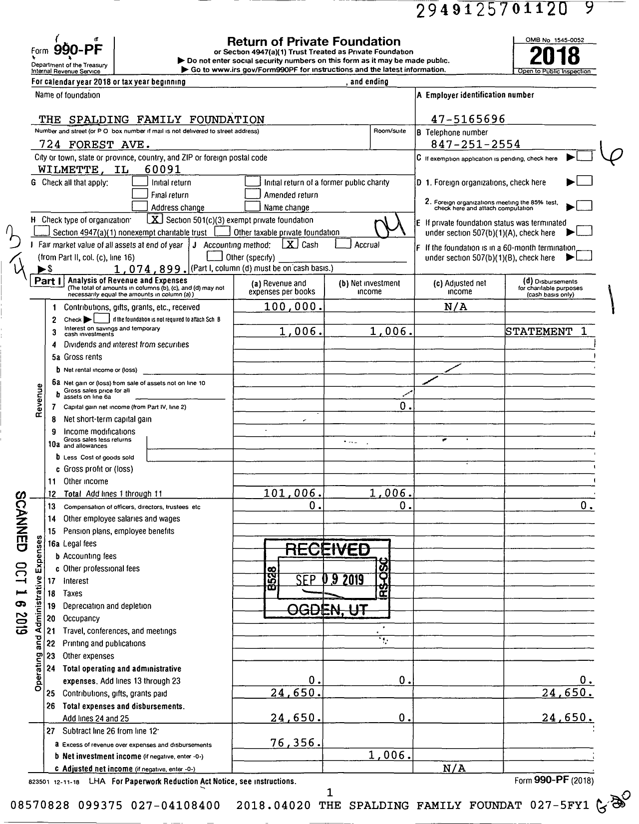 Image of first page of 2018 Form 990PF for The Spalding Family Foundation