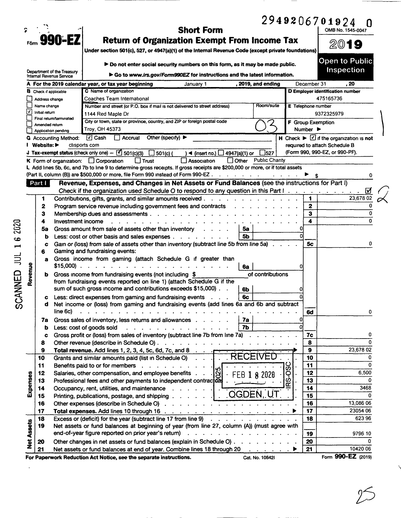 Image of first page of 2019 Form 990EZ for Coaches Team International