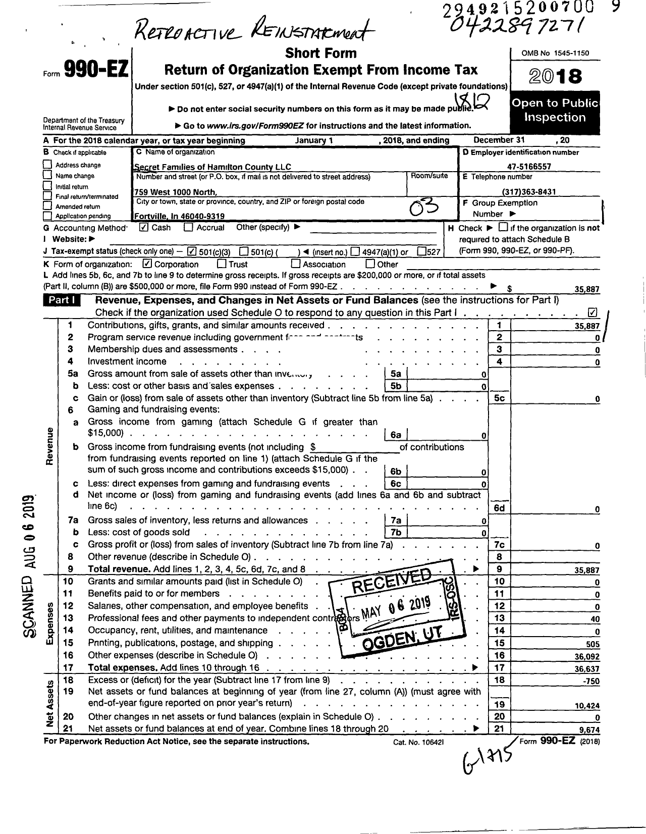 Image of first page of 2018 Form 990EZ for Secret Families of Hamilton County LLC