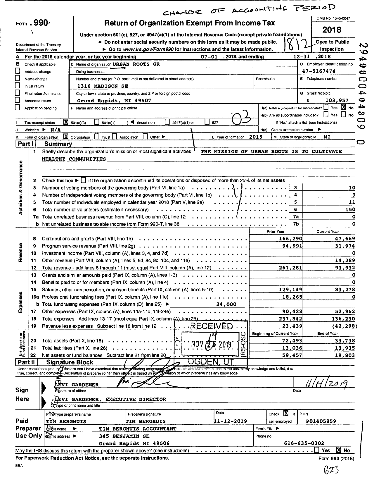 Image of first page of 2018 Form 990 for Urban Roots GR