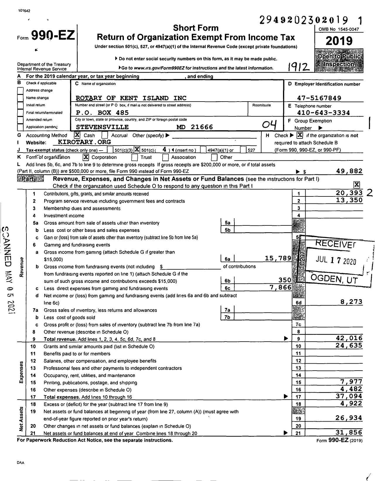 Image of first page of 2019 Form 990EO for Rotary of Kent Island