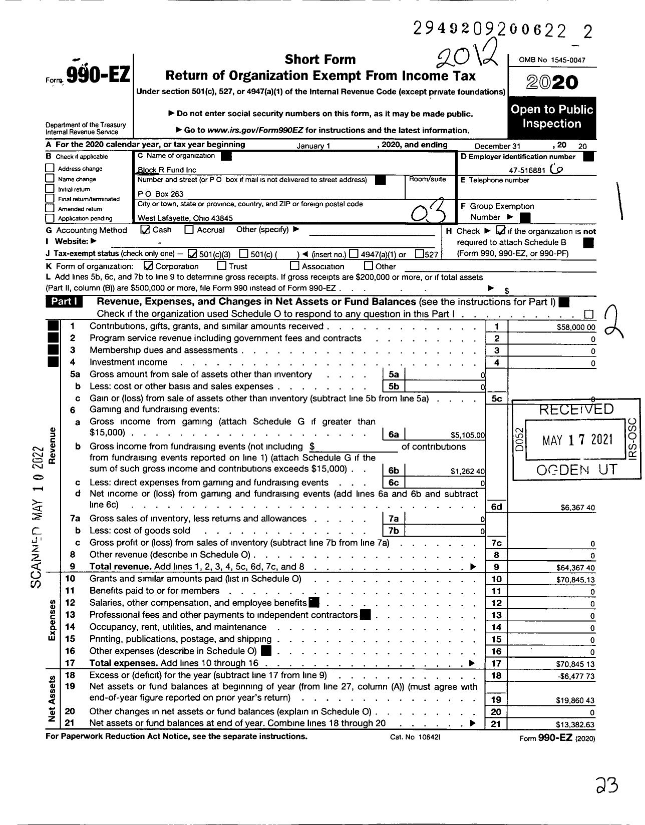 Image of first page of 2020 Form 990EZ for Block R Fund