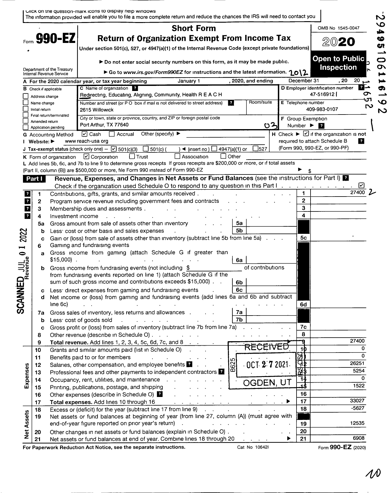 Image of first page of 2020 Form 990EZ for Redirecting Educating Aligning Community Health R E A C H